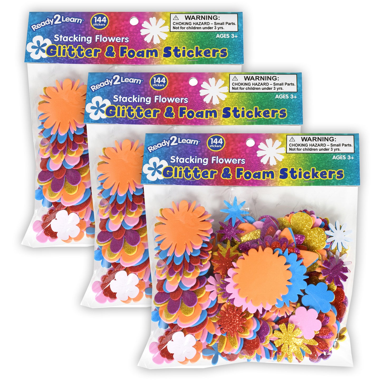 Glitter and Foam Stickers - Stacking Flowers - 144 Per Pack - 3 Packs