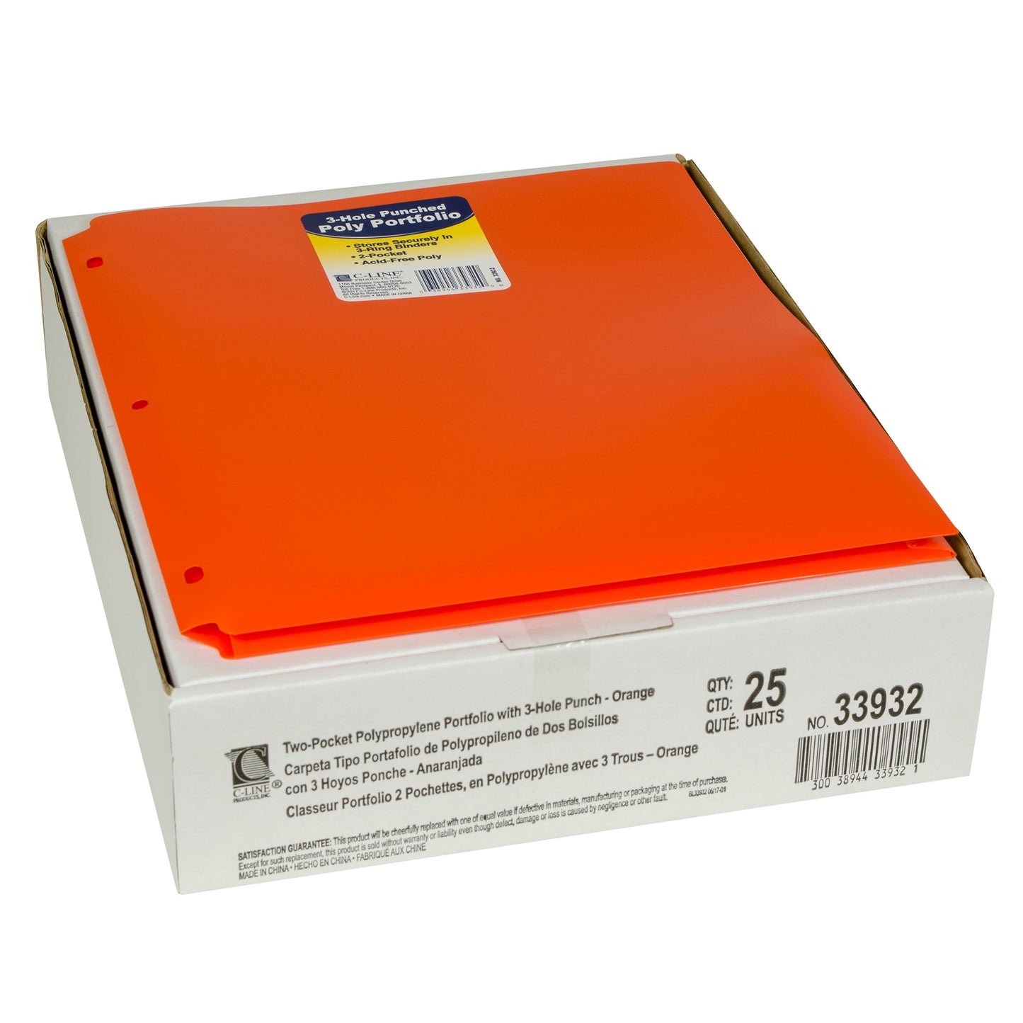 Two-Pocket Heavyweight Poly Portfolio Folder with Three-Hole Punch, Orange, Pack of 25
