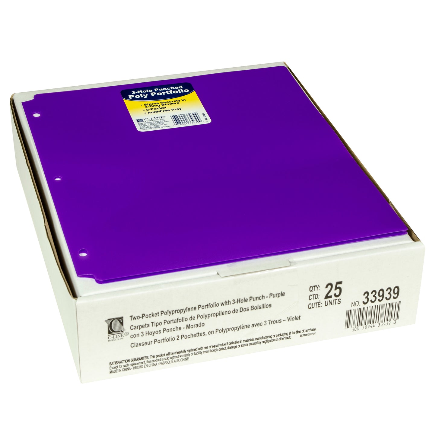 Two-Pocket Heavyweight Poly Portfolio Folder with Three-Hole Punch, Purple, Pack of 25