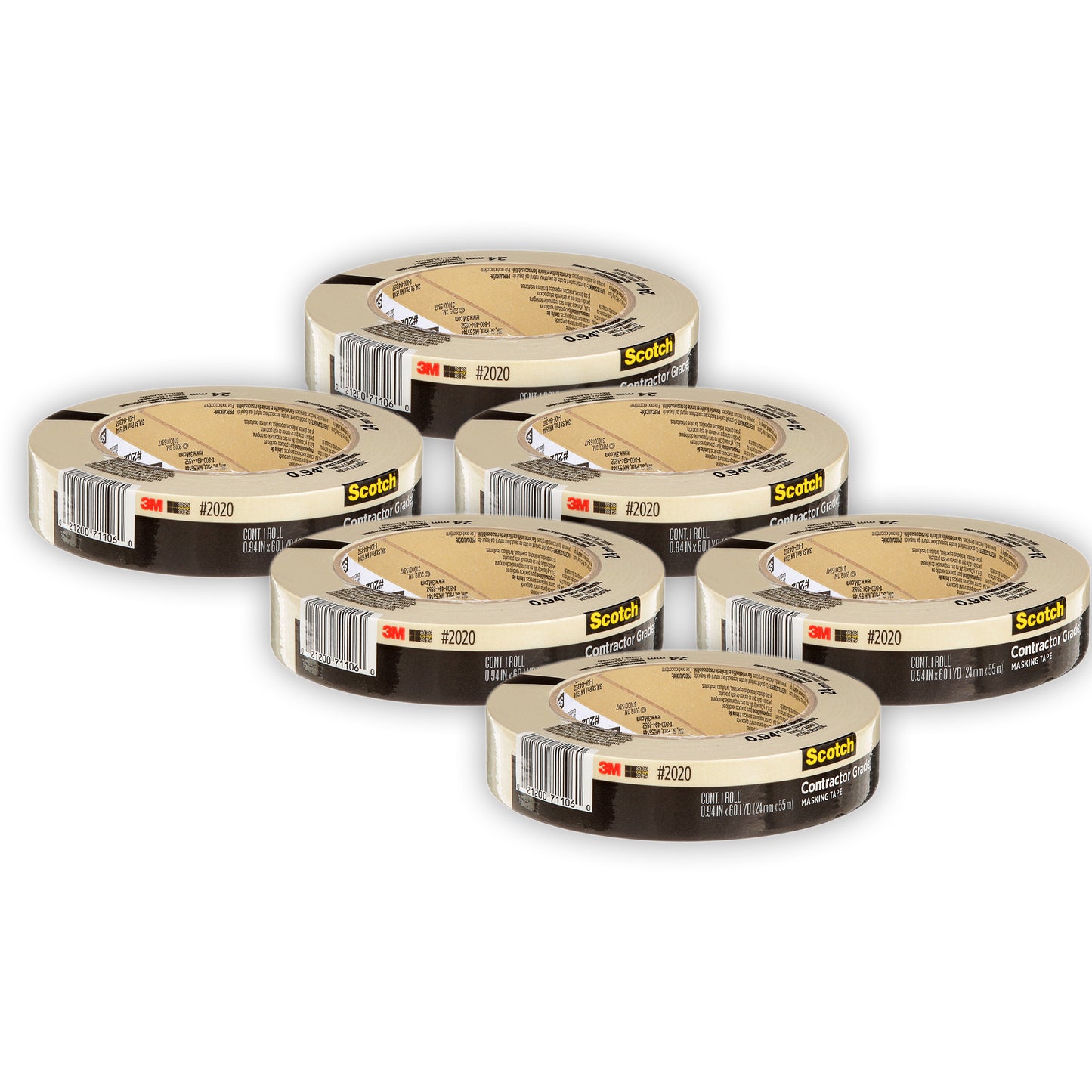 Contractor Grade Masking Tape, 0.94 in x 60.1 yd (24mm x 55m), Pack of 6