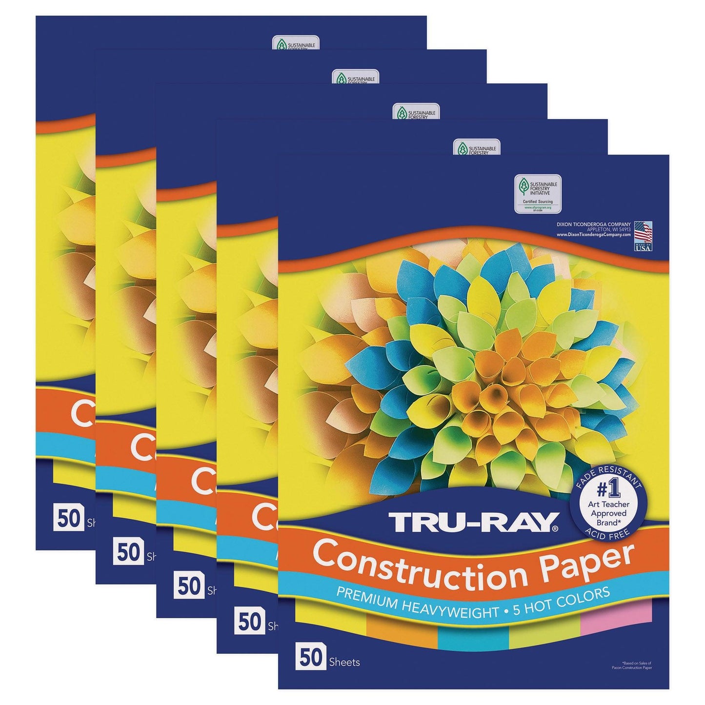 Construction Paper, 5 Assorted Hot Colors, 12" x 18", 50 Sheets Per Pack, 5 Packs