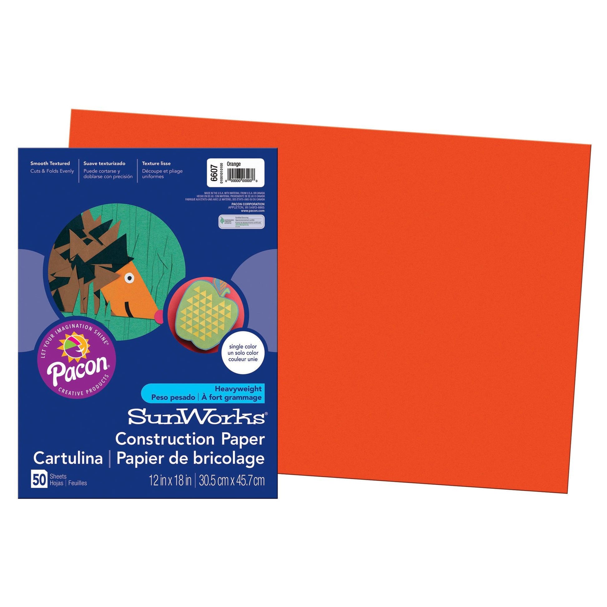Construction Paper, Orange, 12" x 18", 50 Sheets Per Pack, 5 Packs - Loomini