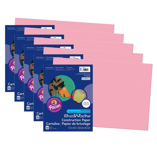 Construction Paper, Pink, 12" x 18", 50 Sheets Per Pack, 5 Packs - Loomini