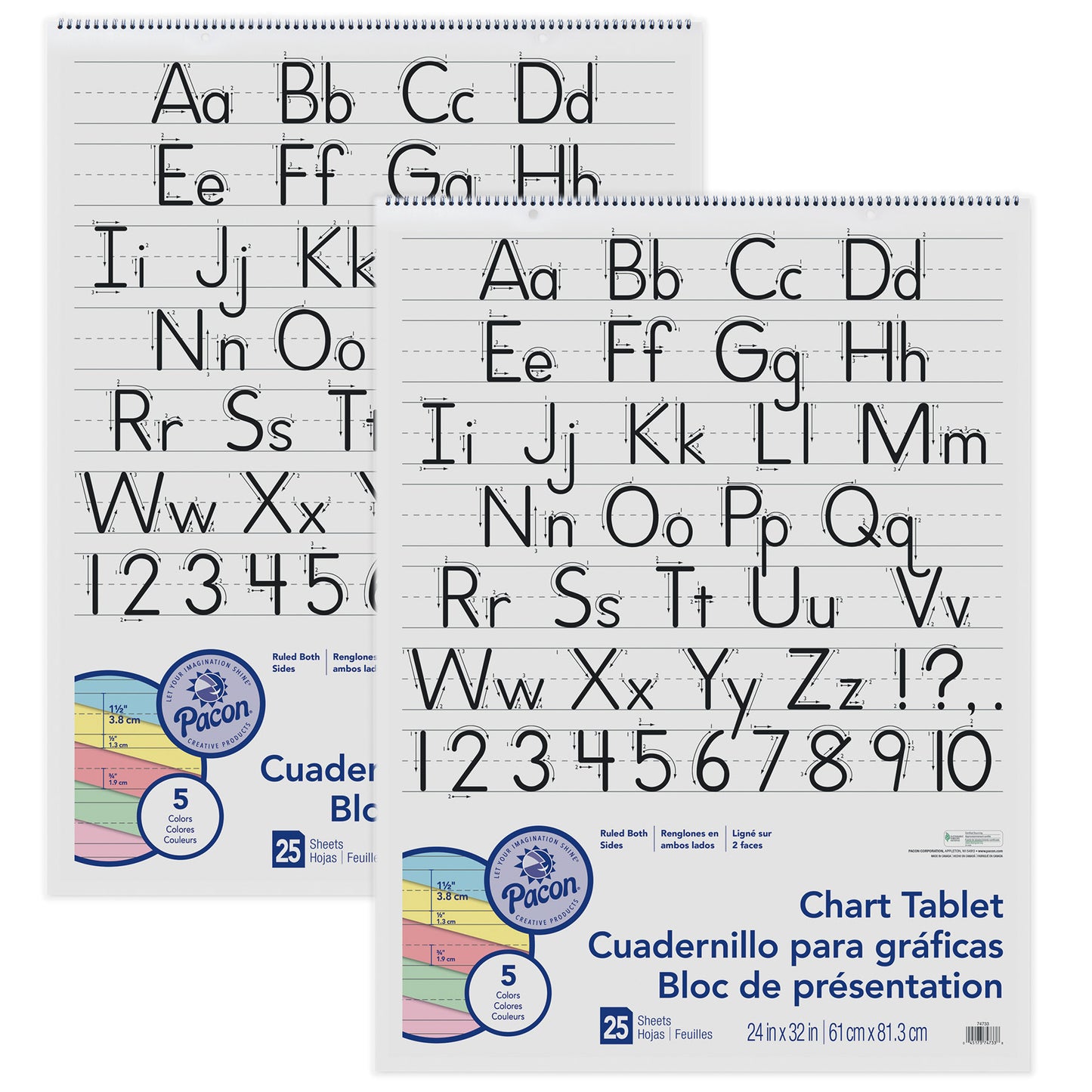 Pack of 2 - Colored Paper Chart Tablet, Manuscript Cover, 5 Assorted Colors, 1-1/2" Ruled, 24" x 32", 25 Sheets