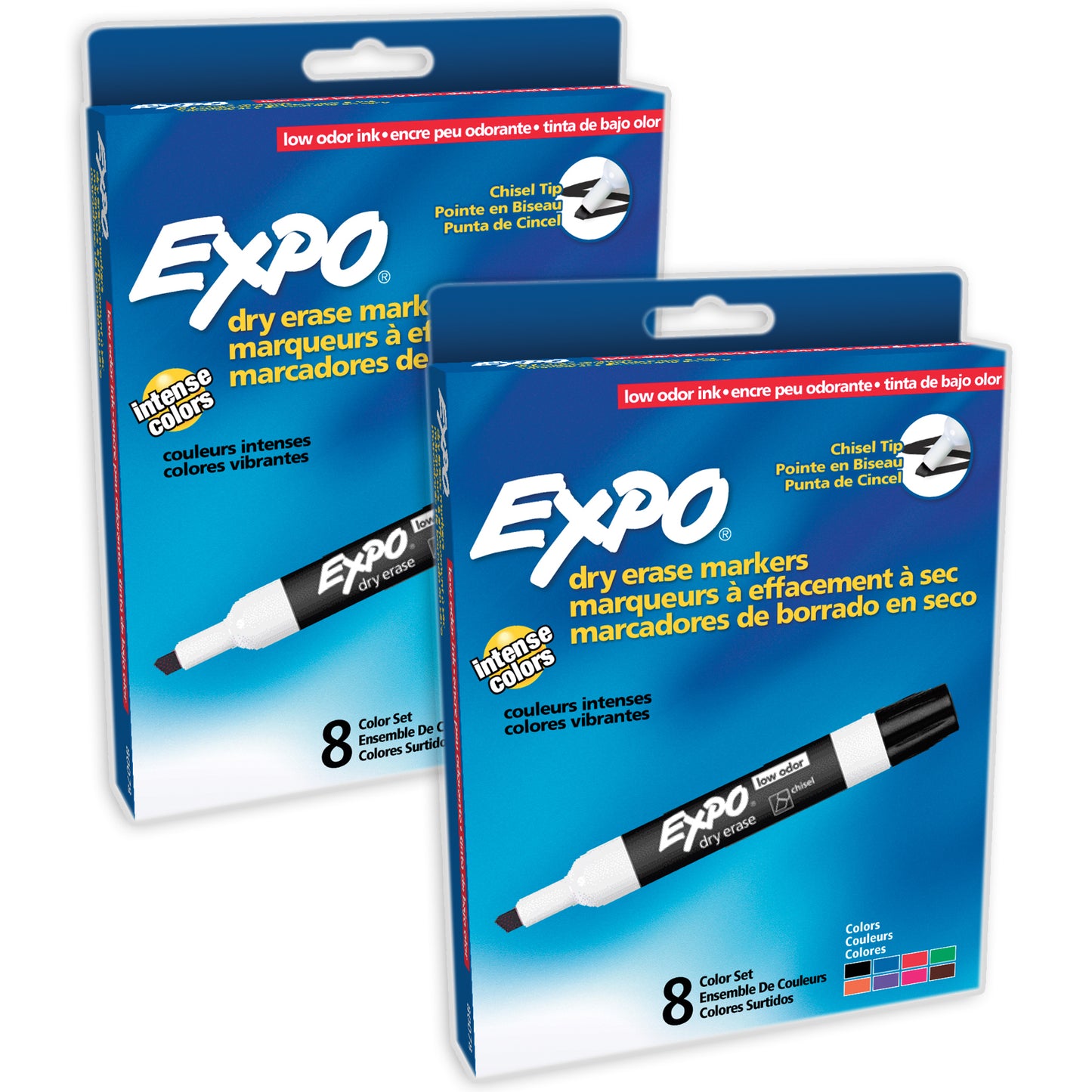 Low-Odor Dry Erase Markers, Chisel Tip, 8 Colors, 8 Per Pack, 2 Packs