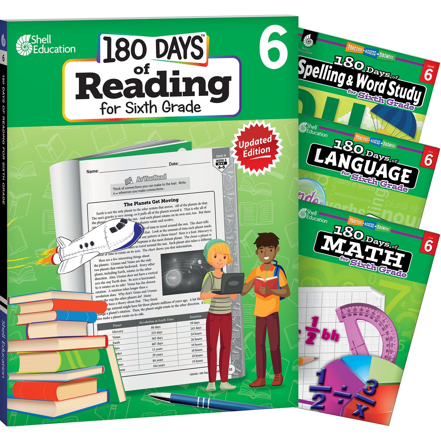 180 Days Books: Reading, Spelling, Language, & Math for Grade 6 - Set of 4 Books