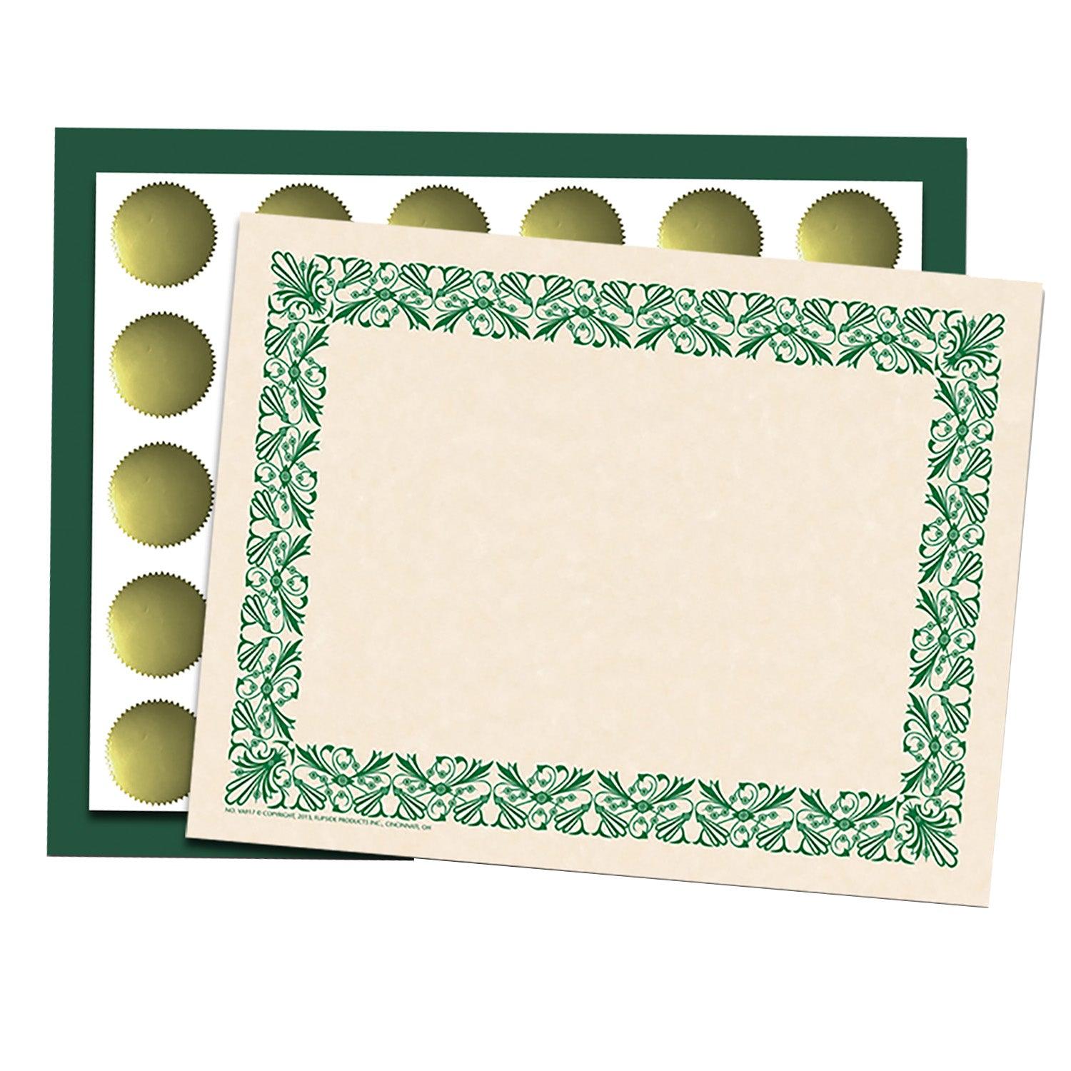 Art Deco Set -Green Border Paper, Plain Folders, Gold Seals - Loomini