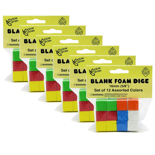 Assorted Color Blank 16mm Foam Dice, 12 Per Pack, 6 Packs - Loomini