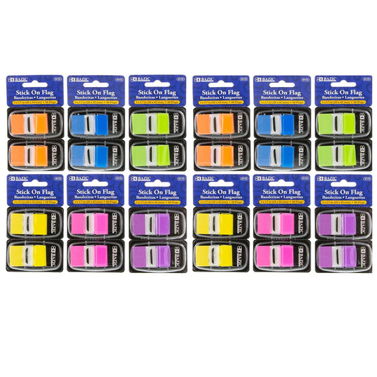Assorted Neon Color Standard Flags with Dispenser, 60 Per Pack, 12 Packs - Loomini