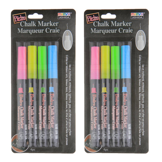 Bistro Chalk Markers, Extra Fine Tip 4-Color Set, Fluorescent Pink, Blue, Green, Yellow, 2 Sets - Loomini