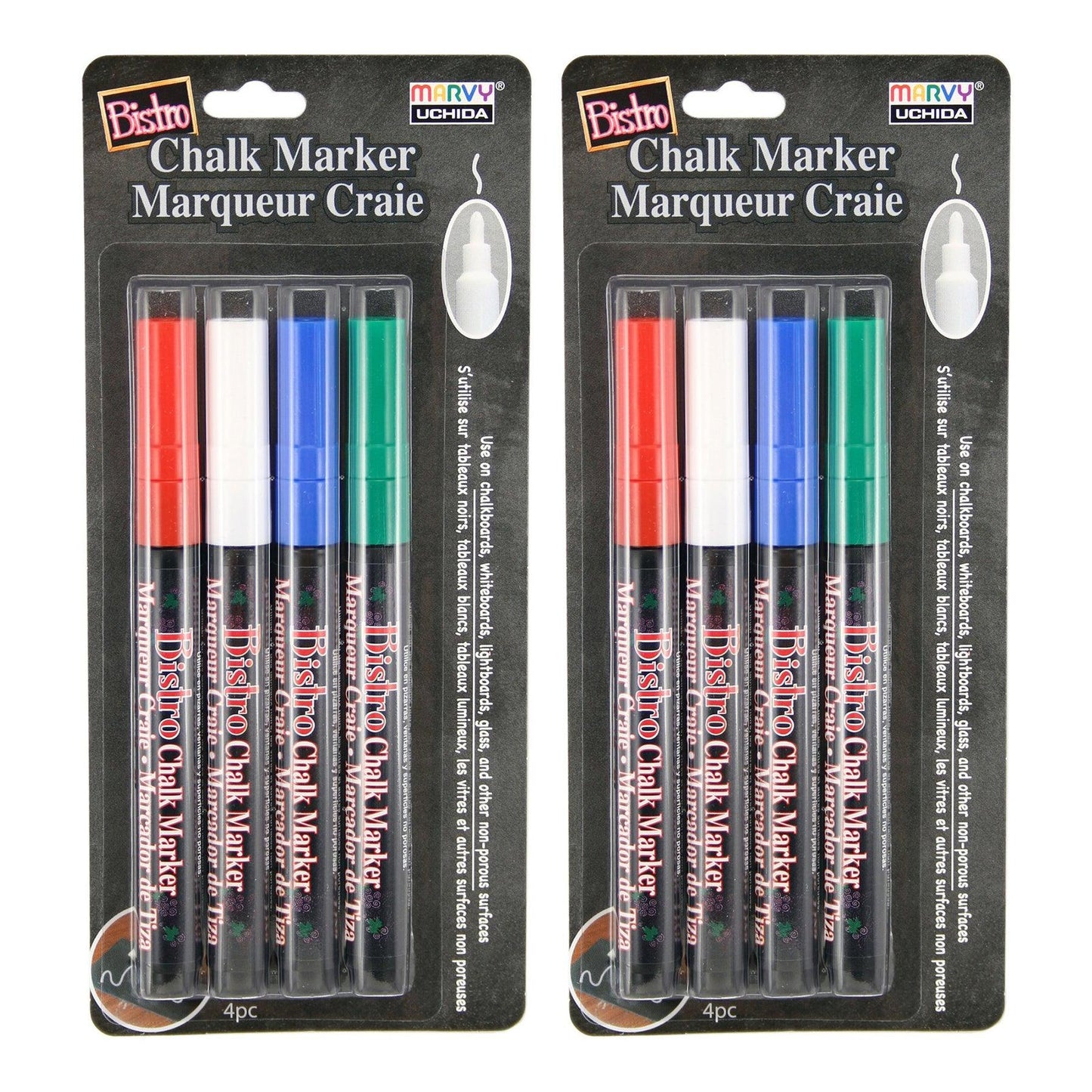 Bistro Chalk Markers, Fine Tip, Red, Green, Blue, White, 4 Per Pack, 2 Packs - Loomini