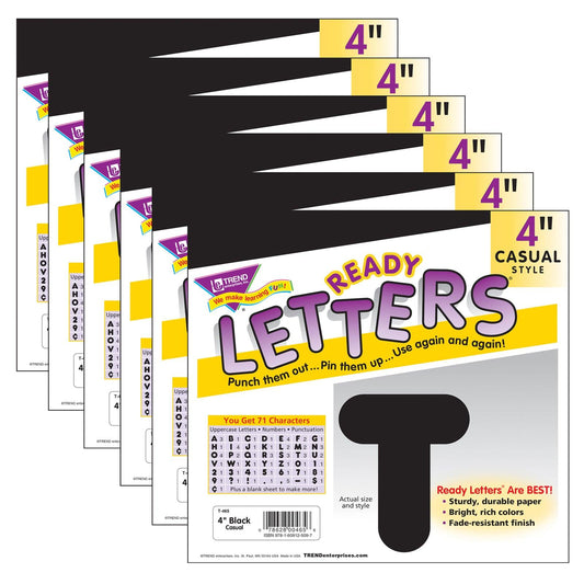 Black 4" Casual Uppercase Ready Letters®, 6 Packs - Loomini