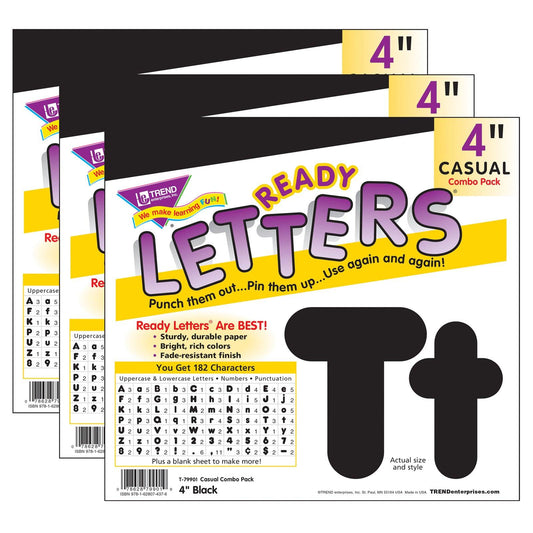 Black 4-Inch Casual Uppercase/Lowercase Combo Pack Ready Letters®, 182 Per Pack, 3 Packs - Loomini