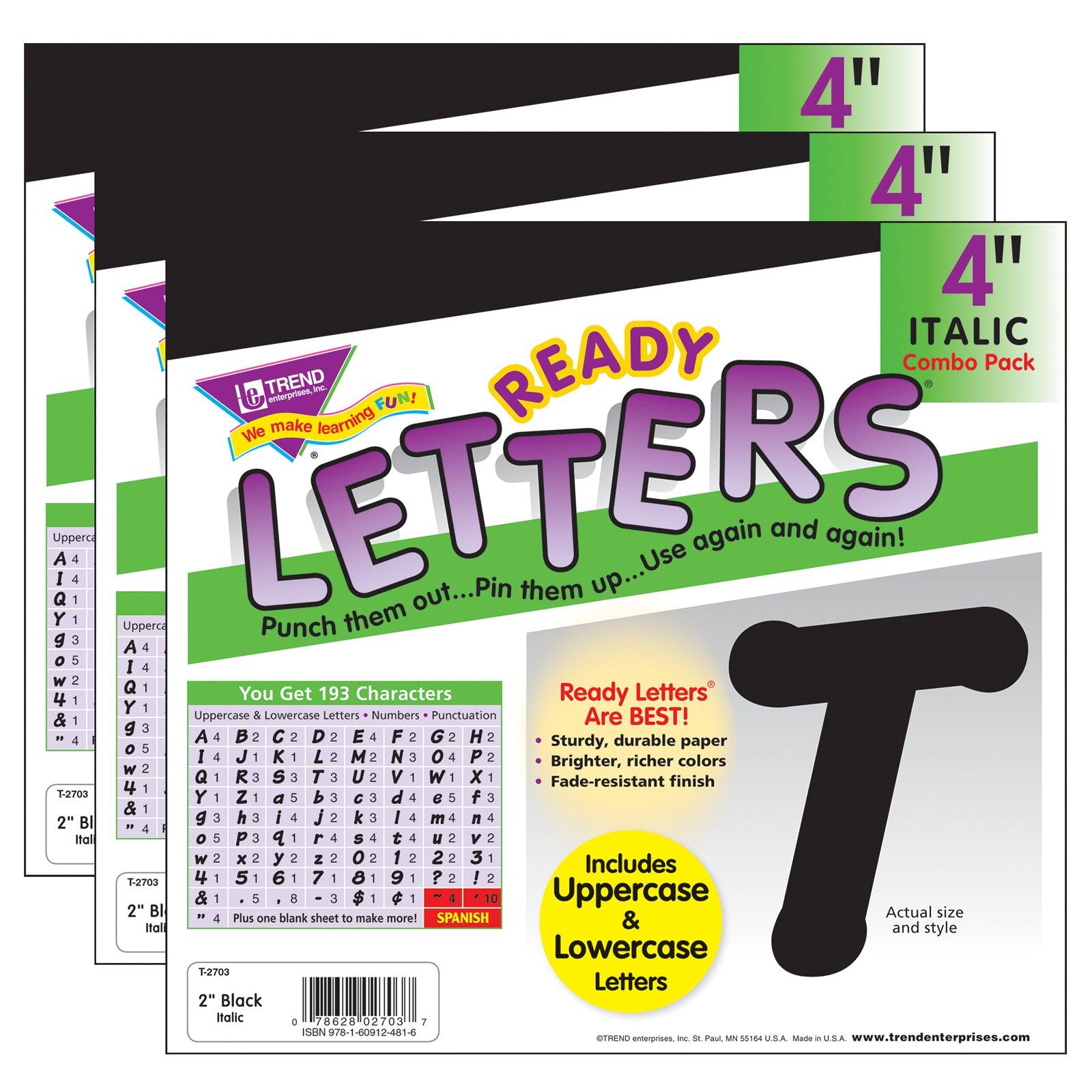 Black 4-Inch Italic Uppercase/Lowercase Combo Pack (EN/SP) Ready Letters®, 193 Per Pack, 3 Packs - Loomini