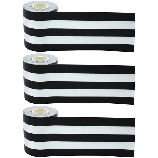 Black & White Stripes Straight Rolled Border Trim, 50 Feet Per Roll, Pack of 3 - Loomini