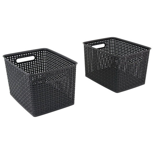 Black Plastic Weave Bins, Large, Pack of 2 - Loomini