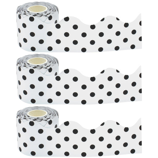 Black Polka Dots on White Scalloped Rolled Border Trim, 50 Feet Per Roll, Pack of 3 - Loomini