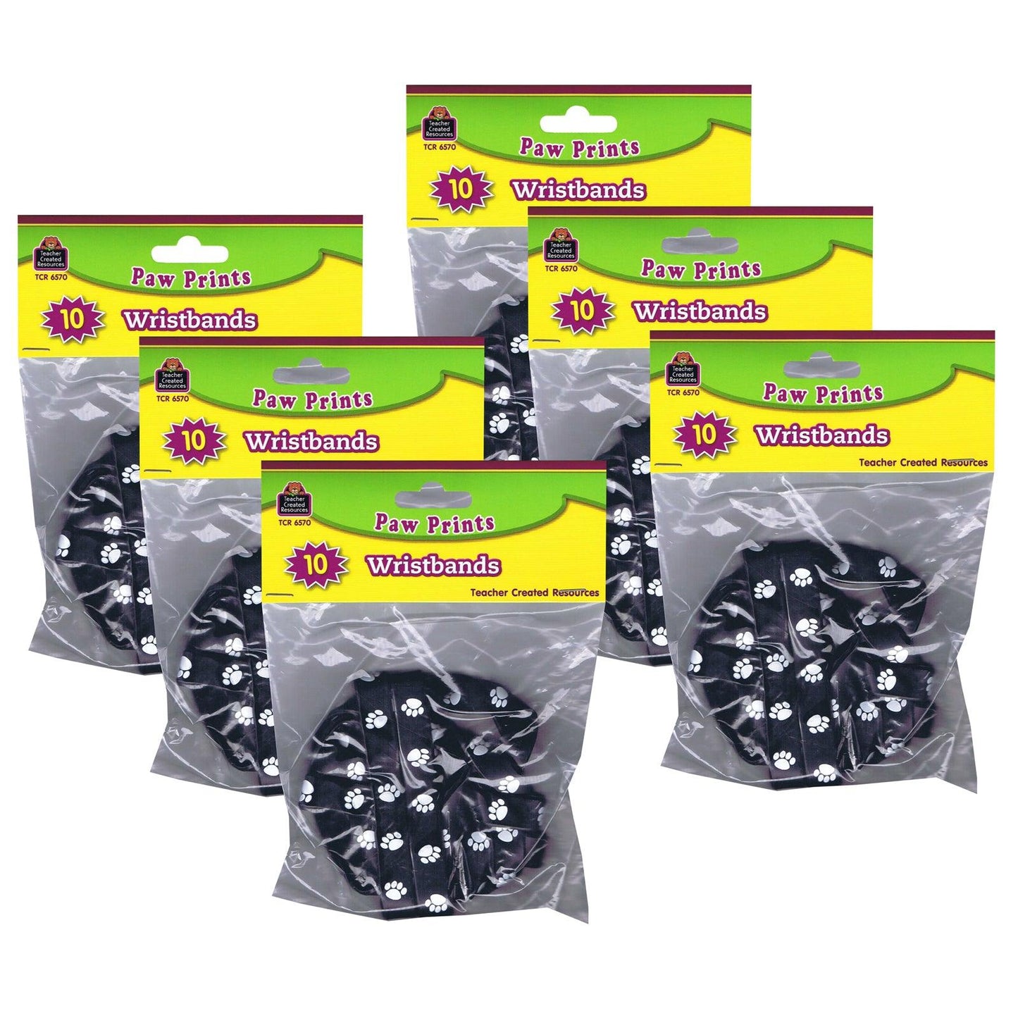 Black with White Paw Prints Wristband Pack, 10 Per Pack, 6 Packs - Loomini