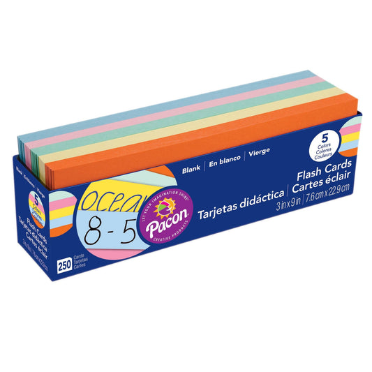 Blank Flash Card Dispenser Box, 5 Assorted Colors, Unruled 3" x 9", 250 Cards - Loomini