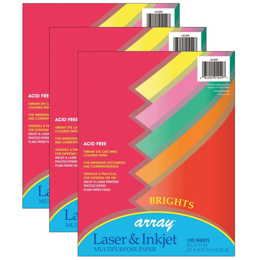 Bright Multi-Purpose Paper, 5 Assorted Colors, 20 lb., 8-1/2" x 11", 100 Sheets Per Pack, 3 Packs - Loomini