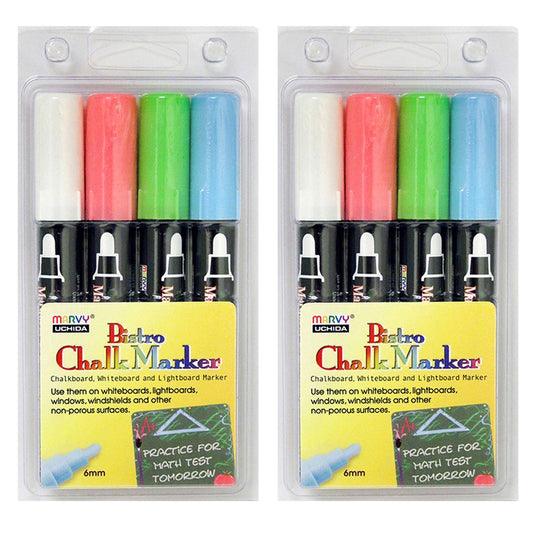 Broad Point Chalk Marker Broad Tip Set 4ED, Fluorescent Colors, 4 Per Pack, 2 Packs - Loomini