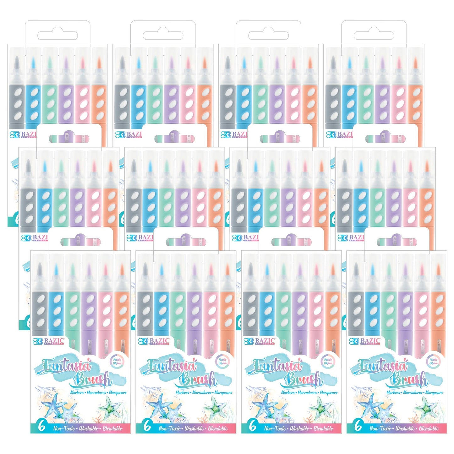 Brush Markers, Pastel Colors, 6 Per Pack, 12 Packs - Loomini