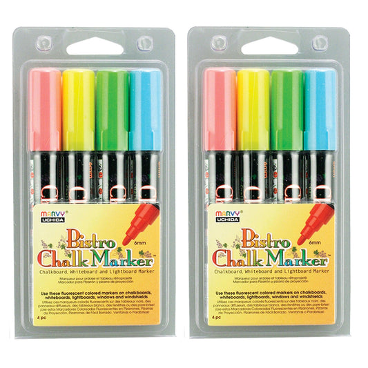 Chalk Marker Set, Broad Point, Assorted Fluorescent Colors, 4 Per Set, 2 Sets - Loomini