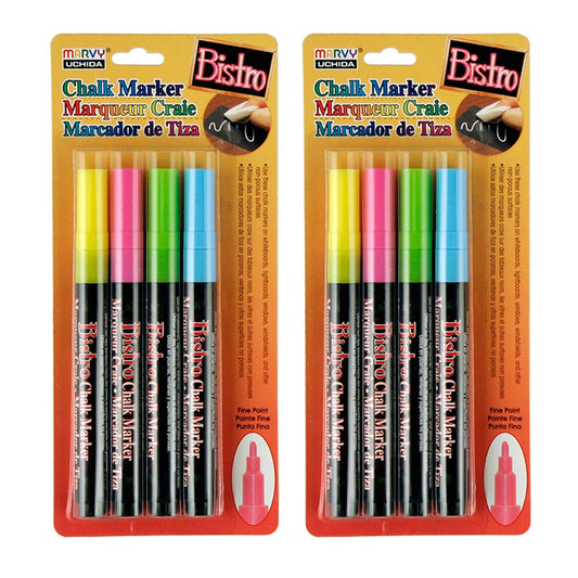 Chalk Marker Set, Fine Tip, Assorted Fluorescent Colors, 4 Per Set, 2 Sets - Loomini