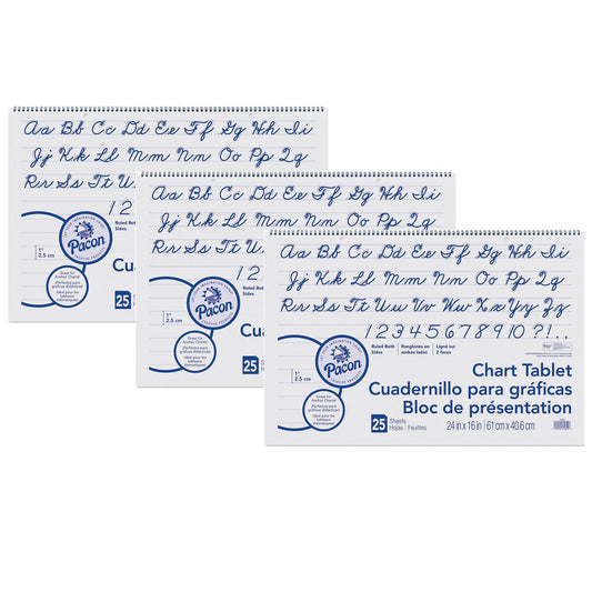 Chart Tablet, Cursive Cover, 1" Ruled, 24" x 16", 25 Sheets Per Tablet, 3 Tablets - Loomini