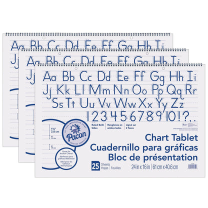 Chart Tablet, Manuscript Cover, 1-1/2" Ruled, 24" x 16", 25 Sheets, Pack of 3 - Loomini