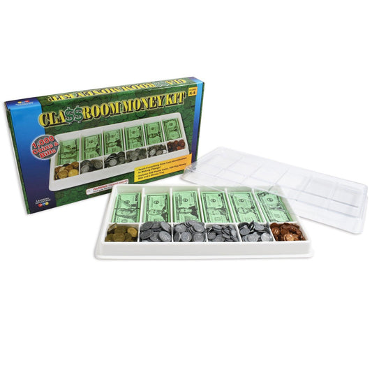 Classroom Money Kit - Set of 1,000 Bills & Coins - Storage Tray and Lid - Loomini