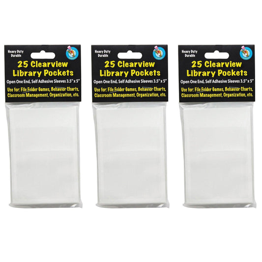 Clear View Self-Adhesive Library Pocket 3.5" x 5", 25 Per Pack, 3 Packs - Loomini