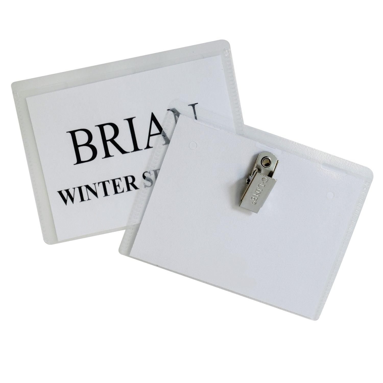 Clip Style Name Badge Holder Kit, Sealed Holders with Inserts, 3-1/2" x 2-1/4", Box of 50 - Loomini