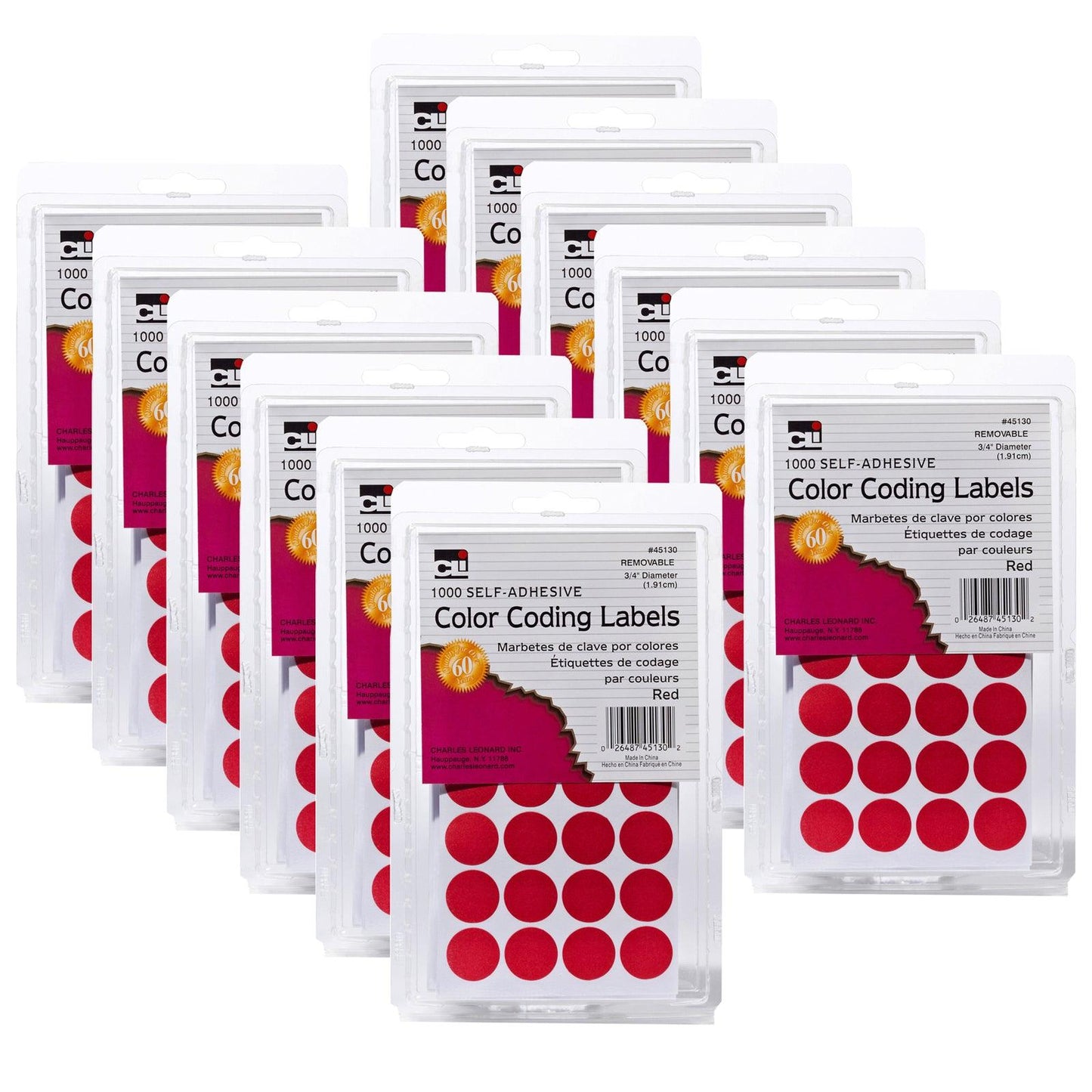 Color Coding Labels, 3/4", Red, 1000 Per Pack, 12 Packs - Loomini