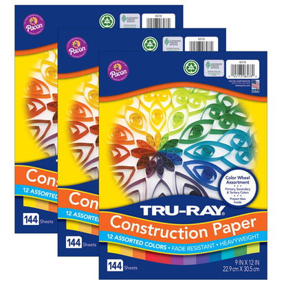 Color Wheel Assortment, 12 Vibrant Colors, 9" x 12", 144 Sheets Per Pack, 3 Packs - Loomini