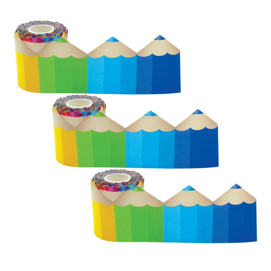 Colored Pencils Die-Cut Rolled Border Trim, 50 Feet Per Roll, 3 Rolls - Loomini