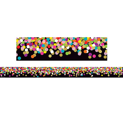 Colorful Confetti on Black Straight Rolled Border Trim, 50 Feet Per Roll, 3 Rolls - Loomini