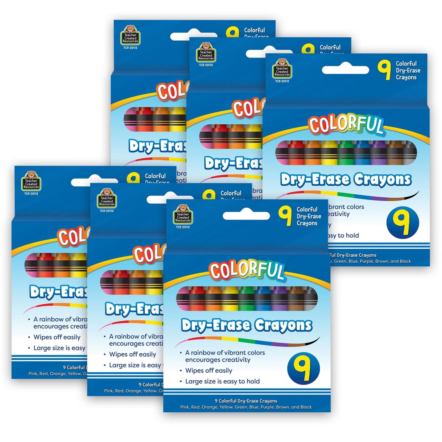 Colorful Dry-Erase Crayons, 9 Per Pack, 6 Packs - Loomini
