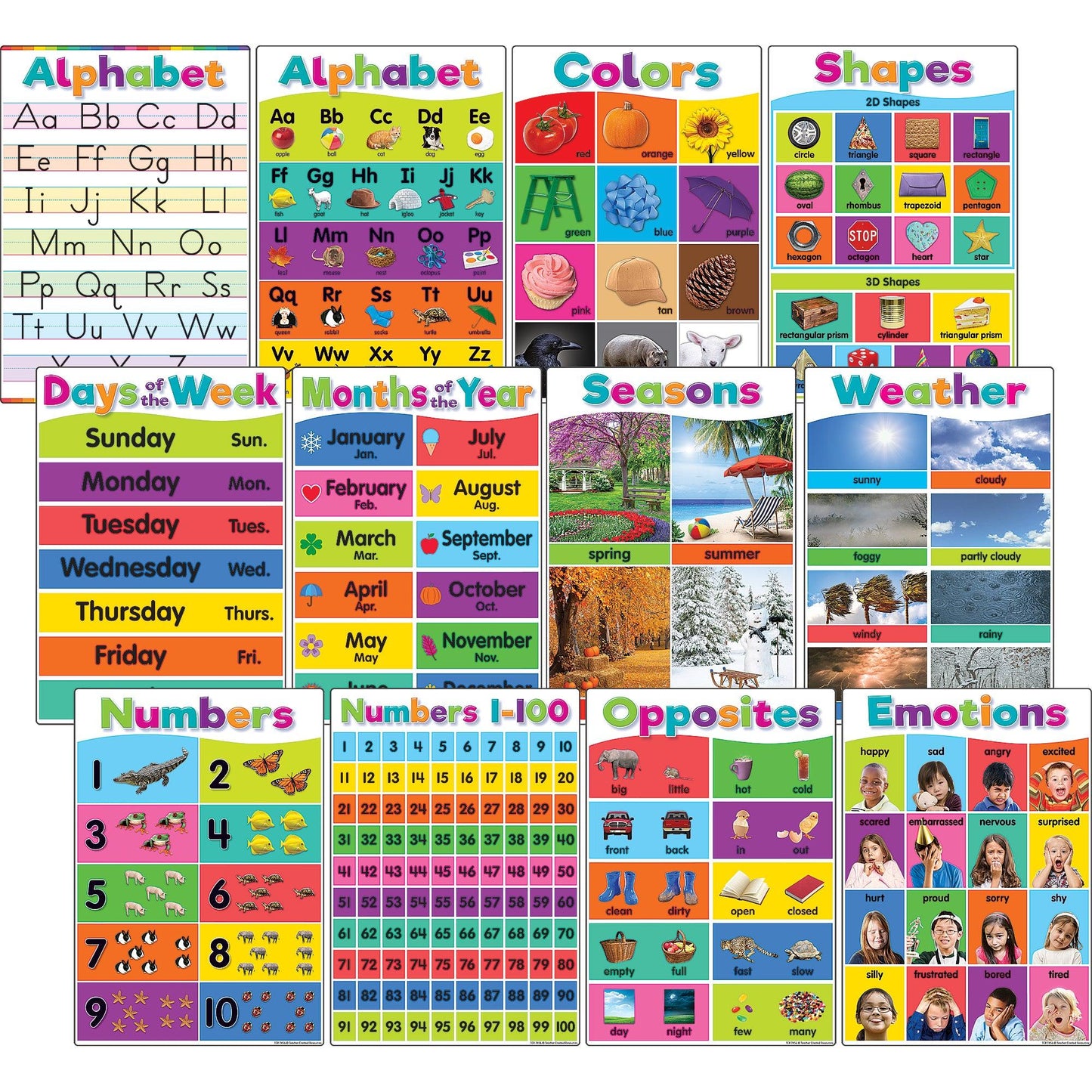 Colorful Early Learning Small Poster Pack, 12 Posters - Loomini