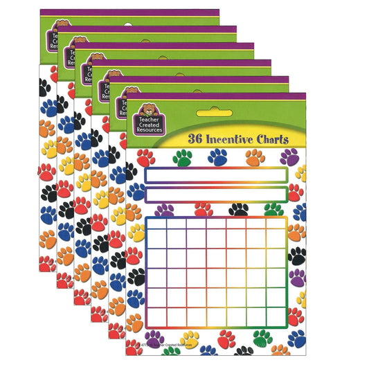 Colorful Paw Prints Incentive Charts, 5.25" x 6", 36 Sheets Per Pack, 6 Packs - Loomini