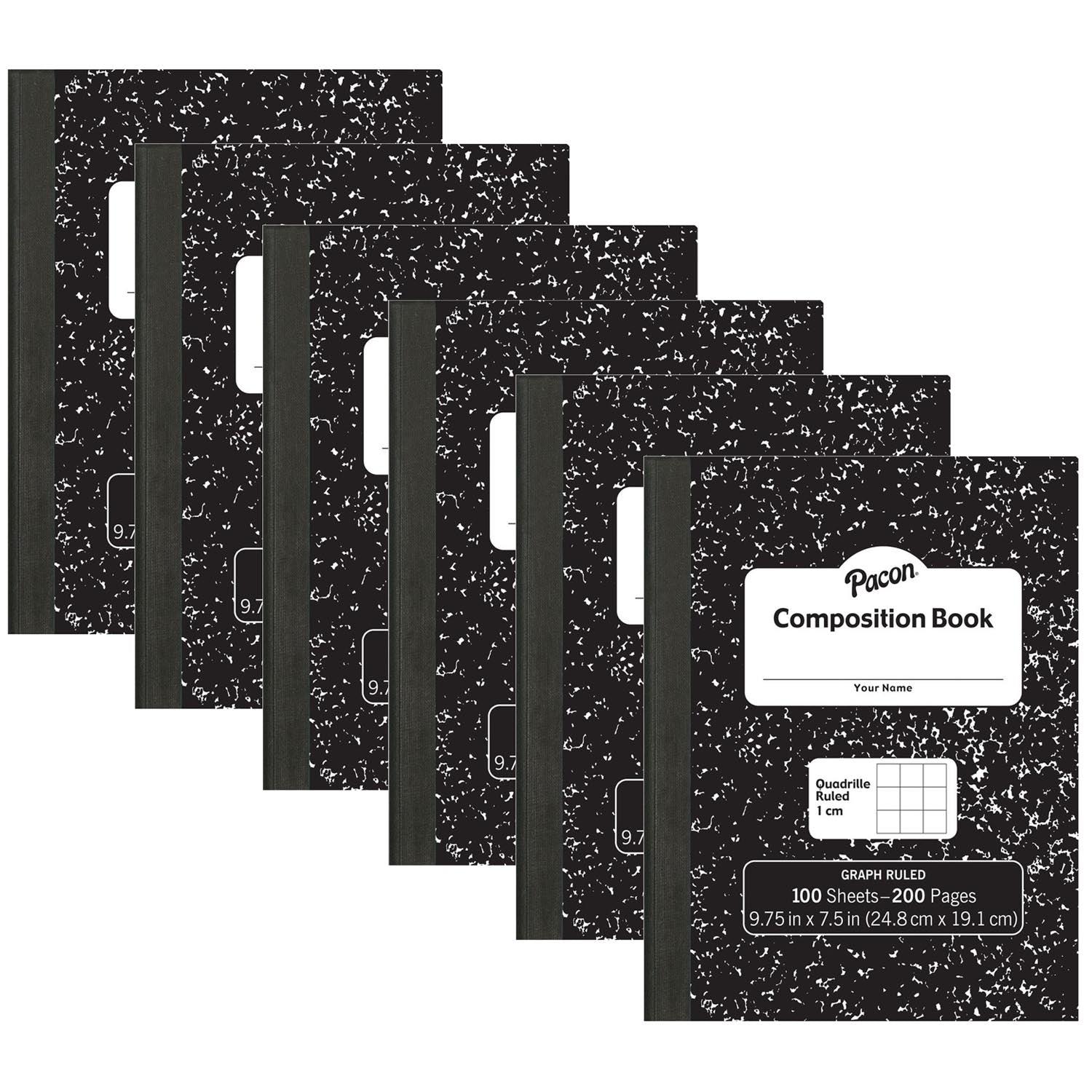 Composition Book, Black Marble, 1 cm Quadrille Ruled 9-3/4" x 7-1/2", 100 Sheets, Pack of 6 - Loomini
