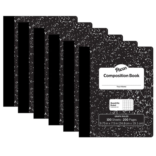Composition Book, Black Marble, 1/5" Quadrille Ruled, 9-3/4" x 7-1/2", 100 Sheets, Pack of 6 - Loomini