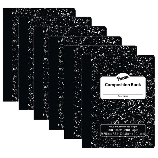 Composition Book, Black Marble, 3/8" Ruled w/Margin, 9-3/4" x 7-1/2", 100 Sheets Per Book, Pack of 6 - Loomini