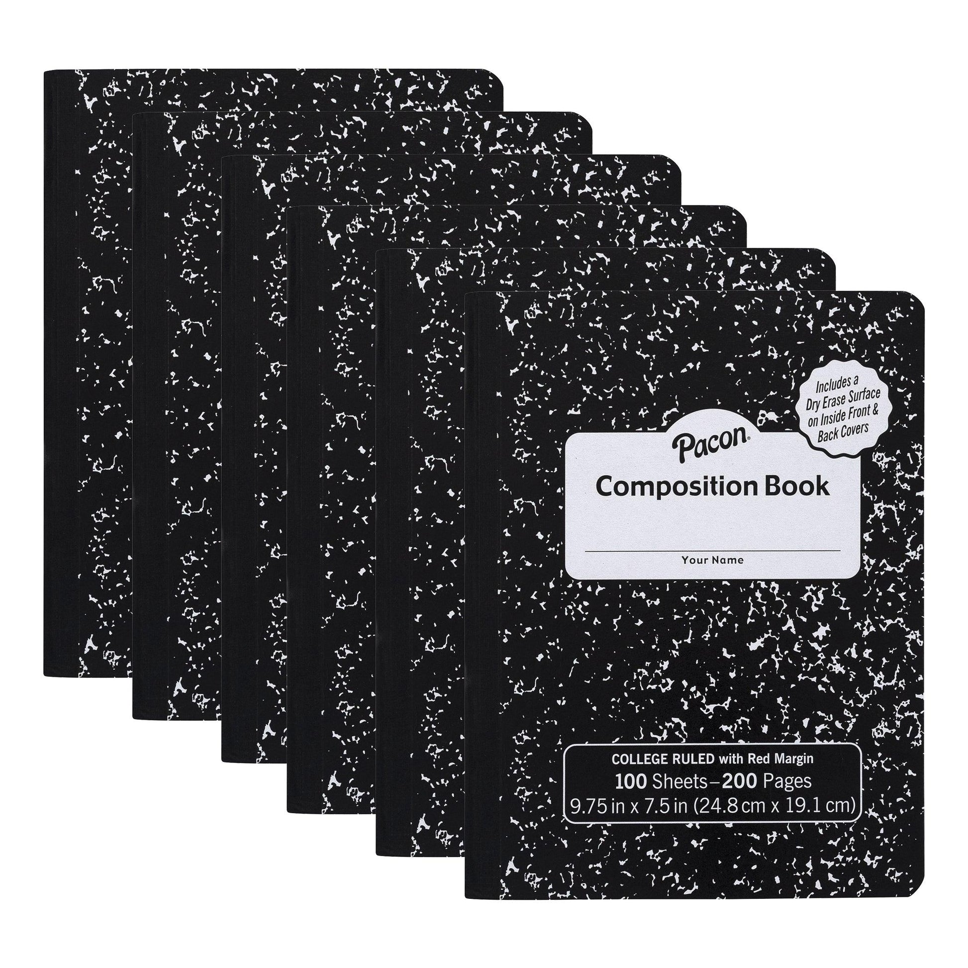 Composition Book, Black Marble, 9/32 in ruling with red margin 9-3/4" x 7-1/2", 100 Sheets, Pack of 6 - Loomini