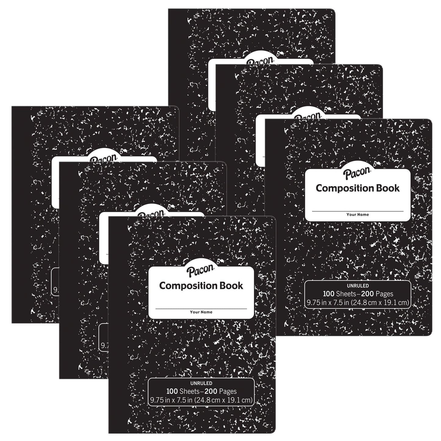 Composition Book, Black Marble, Unruled 9-3/4" x 7-1/2", 100 Sheets, Pack of 6 - Loomini