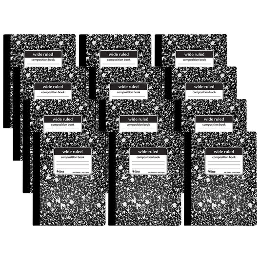 Composition Notebook, 100 Page, Wide Ruled, Black Marble, Pack of 12 - Loomini