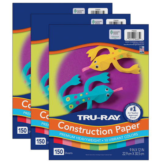 Construction Paper, 10 Vibrant Colors, 9" x 12", 150 Sheets Per Pack, 3 Packs - Loomini