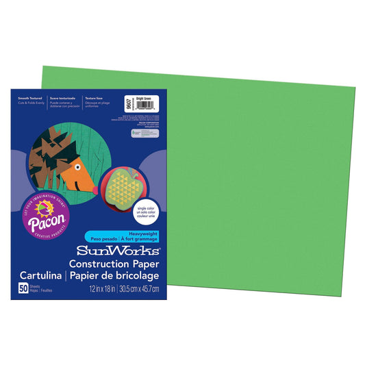 Construction Paper, Bright Green, 12" x 18", 50 Sheets Per Pack, 5 Packs - Loomini