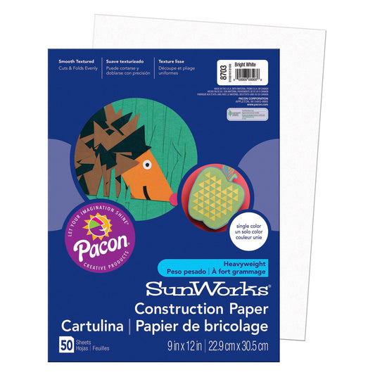 Construction Paper, Bright White, 9" x 12", 50 Sheets Per Pack, 10 Packs - Loomini