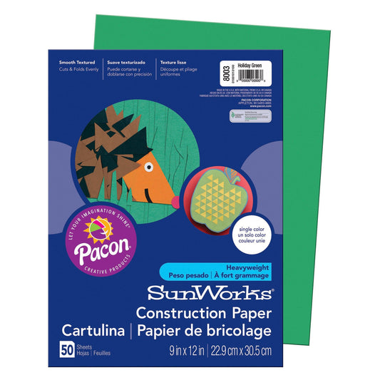 Construction Paper, Holiday Green, 9" x 12", 50 Sheets Per Pack, 10 Packs - Loomini